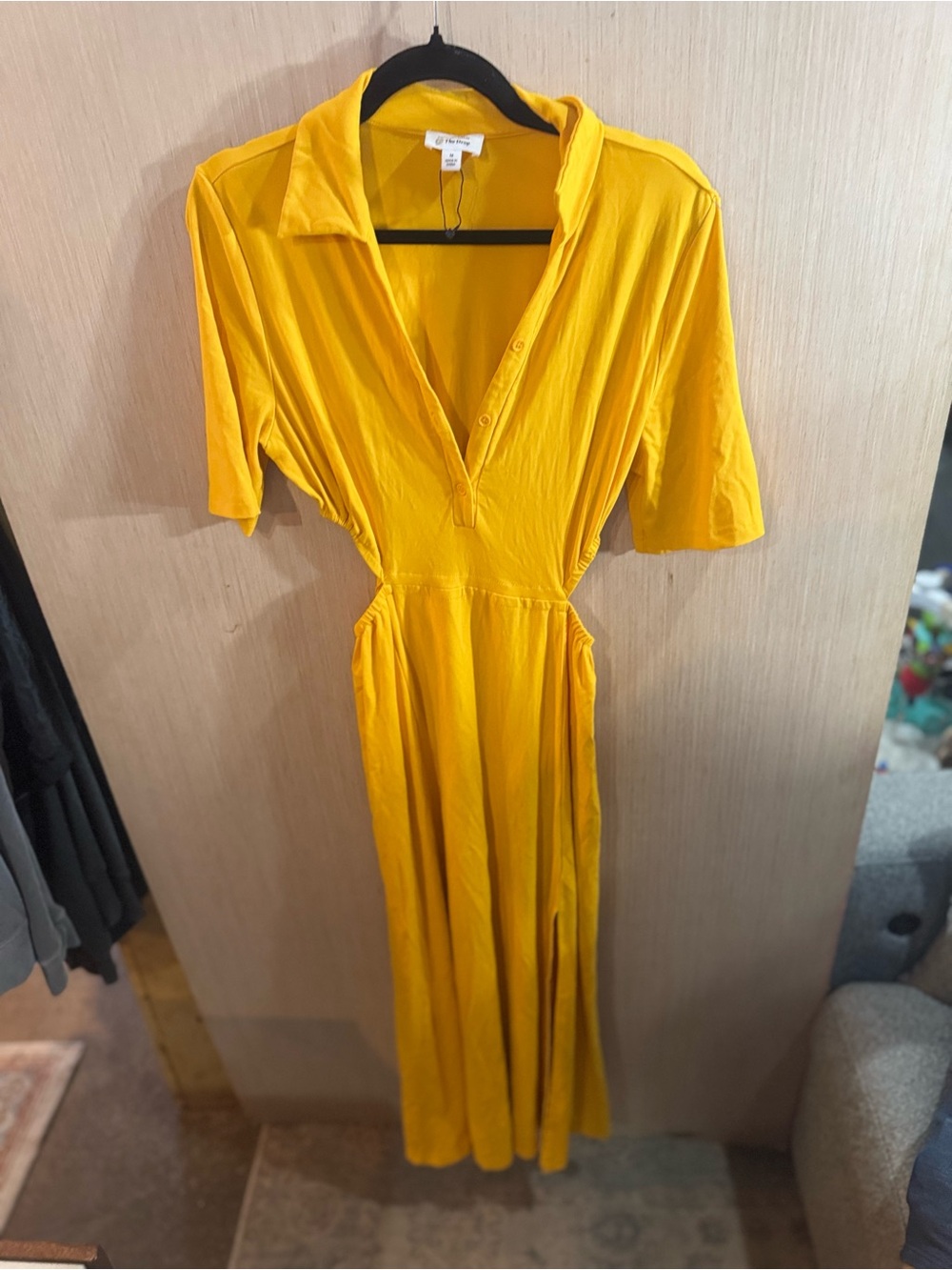 Essiegolden X The Drop Mustard Yellow Collared Slit Sides Maxi Dress Size medium